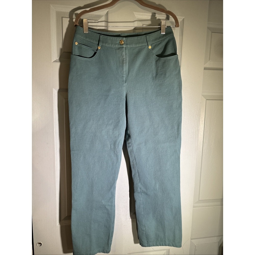 St. John Teal Designer Cropped Jeans Logo Buttons Zip, Stretch 5 Pocket Size 6